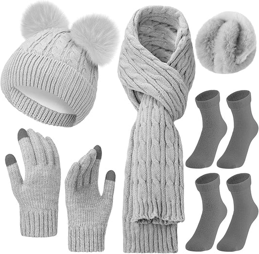 Geyoga 6 Pcs Winter Warm Fleece Knit Hat Long Scarf Touchscreen Gloves Ear Muffs Socks Sets, Winter Warm Gifts for Women