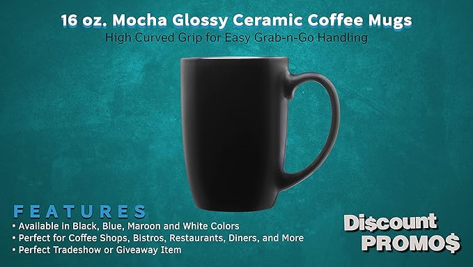 DISCOUNT PROMOS 10 Large Mocha Glossy Ceramic Coffee Mugs Set, 16 oz. - Stoneware, Smooth, Durable, C-handle - Black