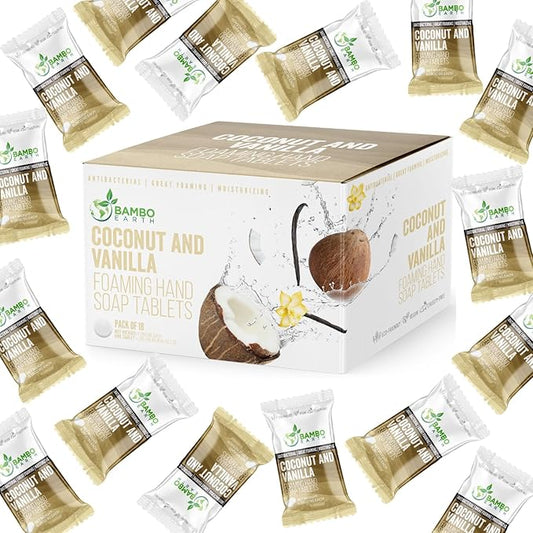 18 Pack Natural Foaming Hand Soap Tablets - Soft Moisturizing Handwash Tab Refills - 1 Tablet = 9 Oz Refillable Liquid Wash Foam Handsoap - Eco-Friendly Paper Softsoap Refill Tabs (Coconut & Vanilla)