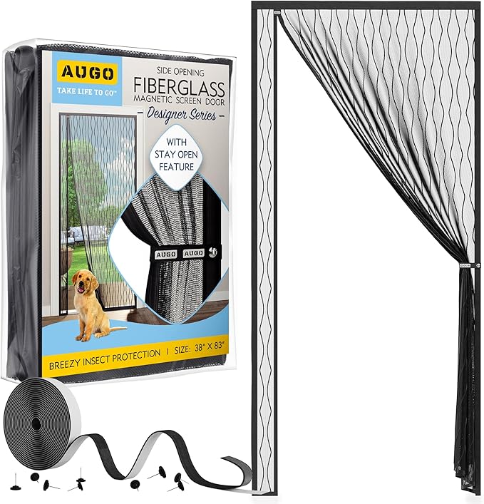 AUGO Fiberglass Magnetic Screen Door Reversible Left Right Side Opening - Self Sealing, Heavy Duty, Hands Free, Keeps Bugs Out - Pet and Kid Friendly - Patent Pending Keep Open Feature – 38” x 83”