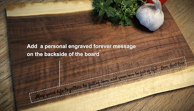 Personalized Cutting Board Wedding Gift Elegant Walnut Polished Live Edge Wood Display Custom Engraved Rustic Unique Anniversary Bride Groom Newlywed Couple Parents Housewarming (Embracing Swirls)