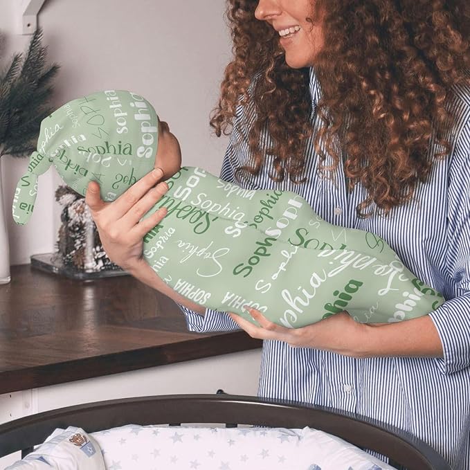 Newborn Swaddle Blankets Hat Name Lettering Green Sets Soft Baby Receiving Blanket Swaddle Sack for Baby Shower Infant Boy Girl Gift