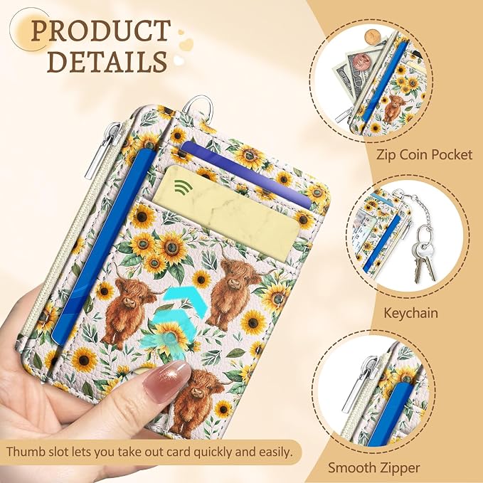 Kelvoris Credit Card Holder Small Wallet Women, Slim RFID, Highland Cow | Keychain, Zipper Coin Pocket, Front Pocket Thin Travel Card Case, Minimalist, 6 Card Slots, 1 ID Window, Ladies Gifts Woman
