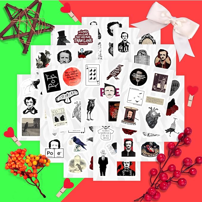 100Pcs Edgar Allan Poe Stickers for Water Bottle and Laptop - Edgar Allan Poe Party Supplies & Decorations, Waterproof Vinyl Decals, Literature and Gothic Stickers, Gifts for Women & Men