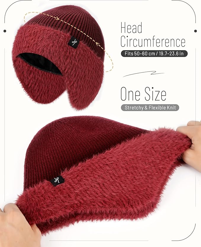 Winter Fleece-Lined Beanie with Earflaps, Warm Windproof Unisex Beanie Hat for Skiing, Hiking & Outdoor Winter Sports