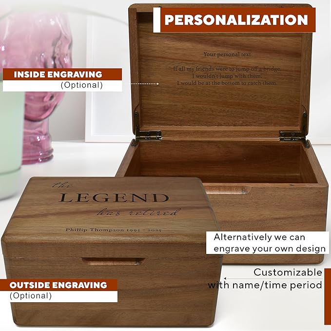 Retirement Memory Box - Farewell Gifts for Coworkers, Teacher Appreciation Gift Personalized Keepsake Box with Hinged Lid Acacia Wood, Custom Engraved Design, 8x6x4 in