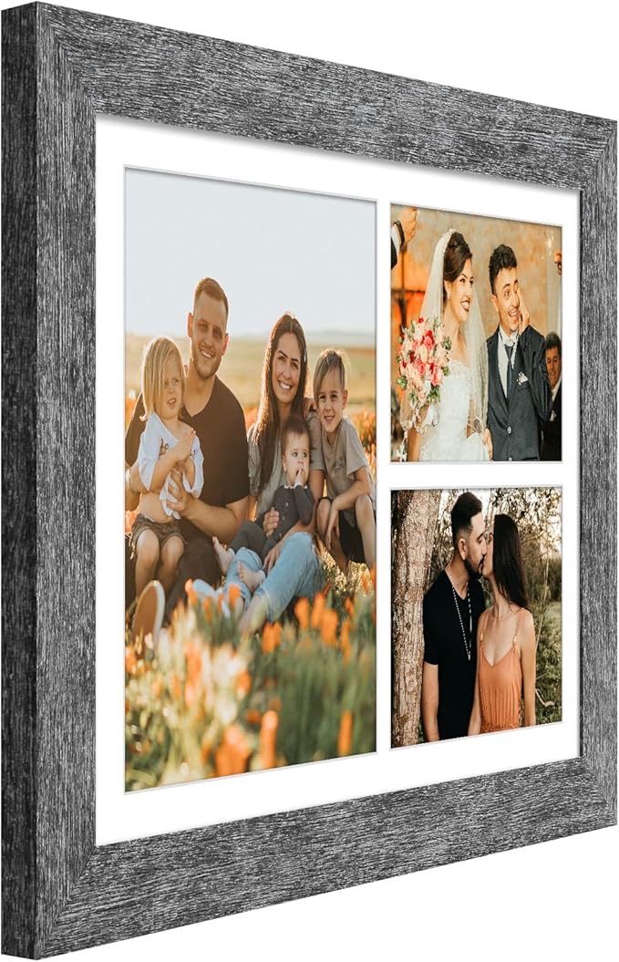 11x16 Picture Frame Display 3 opening Picture Frame 5x7 and 8x10 Collage,Multi Photo Frame with Mat,Plexiglass,Horizontal and Vertical Formats for Wall Decor,Grey Wood Grain