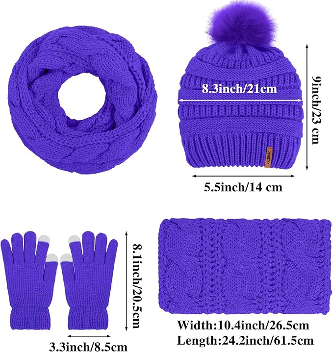 Aneco Womens Winter Warm Sets Knitted Fur Pompoms Beanie Hat Circle Loop Scarf Touch Screen Gloves Winter Favor Accessories