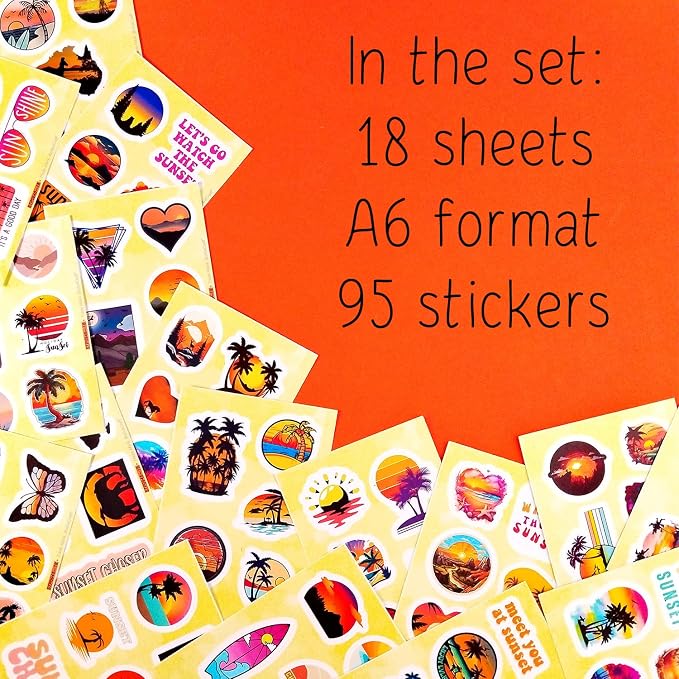100Pcs Sunset Stickers - Beach Stickers, Sun Decals, Summer Decals for Water Bottle and Laptop, Palm Trees Party Supplies & Decorations, Beachy Stuff, Gifts for Women & Men