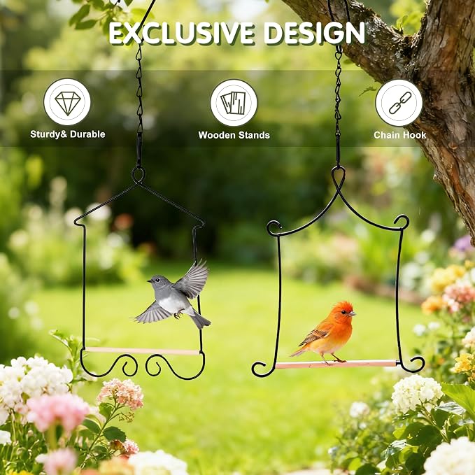 Metal Frame Hummingbird Swings and Perches with Wooden Dowel Black Bird Swing Outdoor Bird Perch Humming Bird Swing (4PK)