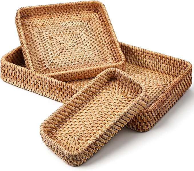 Rattan Serving Tray, 3 Pcs Rectangular Wicker Tray Set Natural Decorative Woven Trays for Fruit, Water Cups, Teacups, Snacks, Candy, Dried Fruit, Bread, Desserts (3 Sizes)