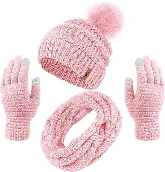 Aneco Womens Winter Warm Sets Knitted Fur Pompoms Beanie Hat Circle Loop Scarf Touch Screen Gloves Winter Favor Accessories