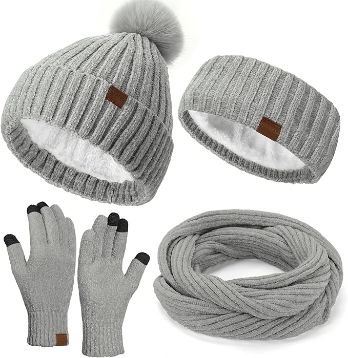 Winter Hats Gloves Scarf Set for Women, Beanie Hat Headband Ear Warmer, Infinity Scarf Touchscreen Gloves for Cold Weather