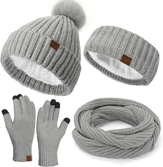 Winter Hats Gloves Scarf Set for Women, Beanie Hat Headband Ear Warmer, Infinity Scarf Touchscreen Gloves for Cold Weather