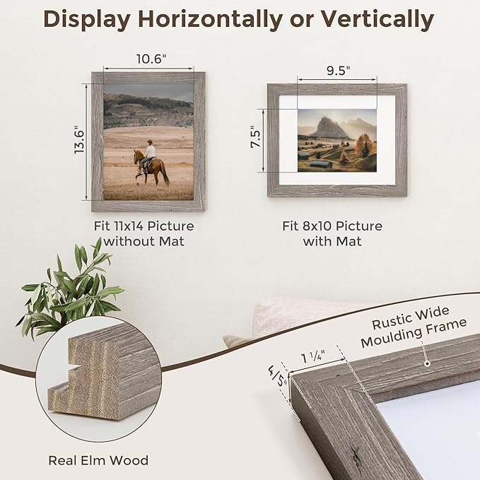 Fun Memories 11x14 Picture Frame-Real Tempered Glass, Rustic Wooden Photo Frames 11 x14, Display Pictures 8x10 with Mat or 11x 14 Without Mat, 11x14 Picture Frame for Wall Mounted, Grey, 1 Pack