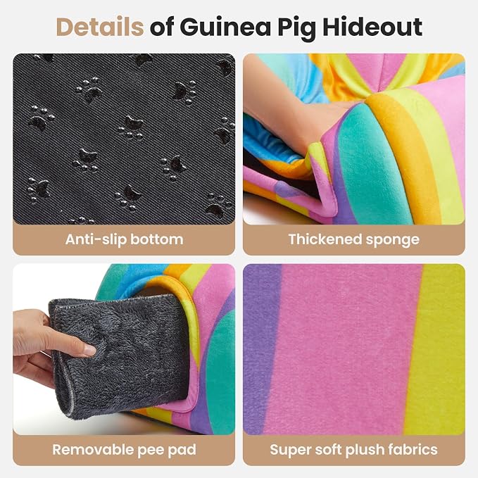 Guinea Pig Hideout Soft Large Bed Tunnel with Door Curtain 2 Pack Guinea Pig Toys Set Bunny Bed Cage Accessories for Small Animals (Rainbow)