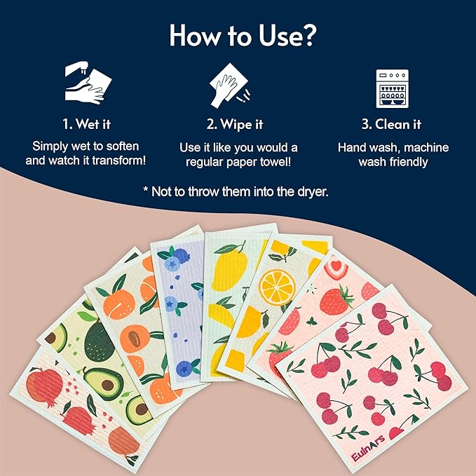 8 Pack Swedish Dishcloths for Kitchen, Fruit Swedish Dishcloths, Reusable Paper Towels Washable, Biodegradable, Non-Scratch Cellulose Sponge Cloths, No Odor