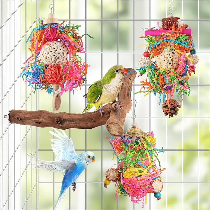 Bird Toys, Parakeet Foraging Toys, Hanging Chewing Toys with Natural Wooden Perches, Bird Cage Accessories, Suitable for Parakeets, Cockatiels, Budgies, Lovebirds & More