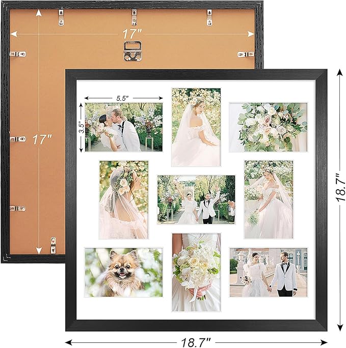17x17 Collage frame with 9 Openings 4X6 Pictures, Multiple Picture Frame with Mat, Wall or Tabletop Decor, Black Wood Grain,2 Pack