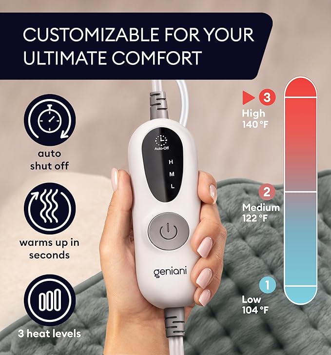 GENIANI Electric Heating Pad for Back Pain & Cramps Relief, Electric Throw, Auto Shut Off, Machine Washable, Moist Heat Pad for Neck & Shoulder - Mother’s Day Gifts, Extra Large 24x12