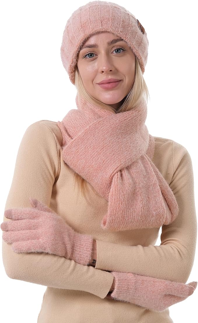Womens Winter Warm Knit Beanie Hat Touchscreen Gloves Long Neck Scarf Set with Fleece Lined Skull Caps Gifts for Women