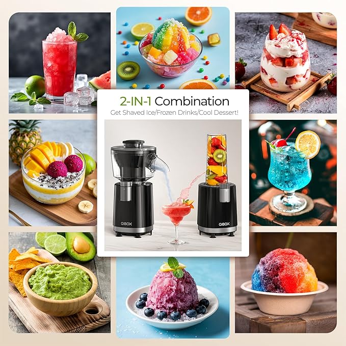 QIBOX Snow Cone Machine & Smoothie Blender 2 in 1, 700W Powerful Shaved Ice Machine Slushine Machine, Healthy Frozen Drink Maker with Stainless Steel Blade & Smoothie Recipe, for Home Kitchen Party