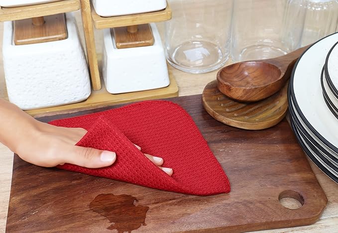 PurpleEssences Dish Cloths and Dish Rags - 6 Pack Waffle Weave Solid Kitchen Dish Wash Cloths, 100% Cotton, 12 x 12 Inches, Ultra Soft Absorbent Quick Drying - Christmas Holiday Winter - Red