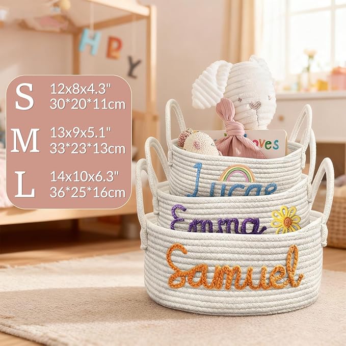 Personalized Baby Basket-Custom Rope Cotton Baby Storage Bin with Name-Newborn Nursery Organizer,Cute Baby Shower & Gift Basket