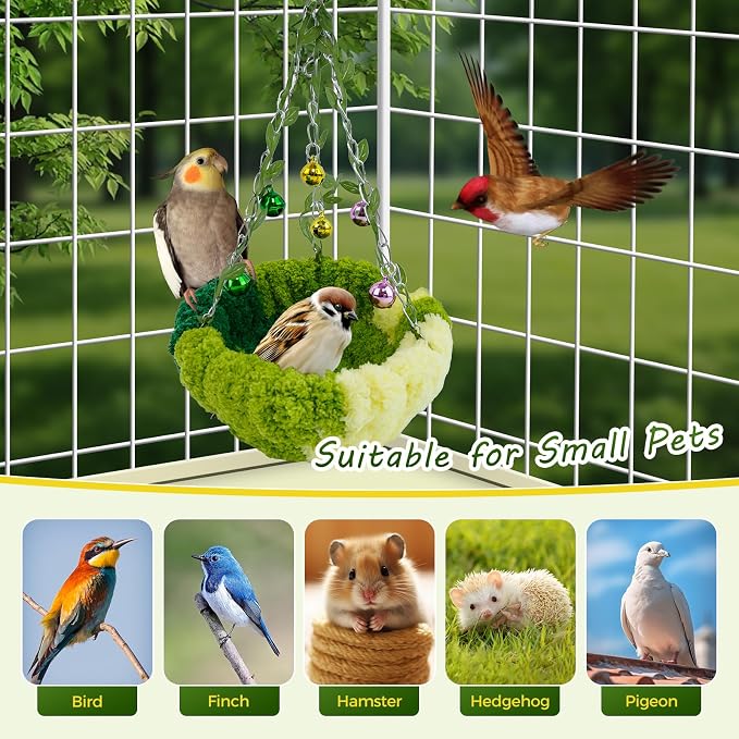 Admaison Bird Nest with Bell for Cage,Plush Hanging Bird Bed for Parakeet Indoor & Outdoor,Breeding Bird House for Conure,Budgie,Cockatiel,Lovebird,Canary,Finch,Hamster,Small Pets,Warm Nest,Green S