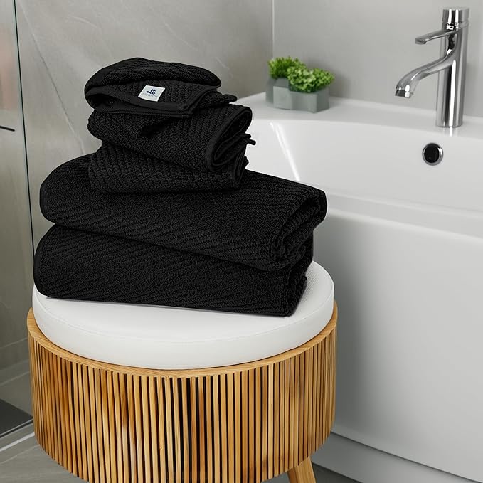 Tens Towels Pack of 6 Zero Twist Towels Set, 2 Bath, 2 Hand, 2 Waschloths, 100% Cotton, Light Weight, Extra Absorbent, Exceptional Softness, Perfect for Bathroom (Black)