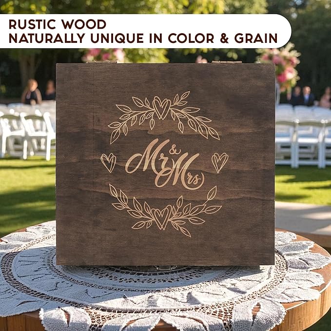 Mr and Mrs Wedding Memory Box -Wooden Keepsake Box with Lid for Couples - Rustic Storage Box for Cards, Photos, Vows, and Mementos – Ideal for Wedding, Engagement, or Anniversary