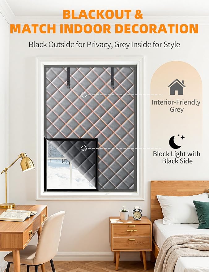 Window Insulation for Winter, 39″×63″ Thermal Window Cover (Fits 36″×60″ Windows ), Dual-Sided Winterizing Curtain for Home & RV, Reusable Draft Stopper with Roll-Up Buckle