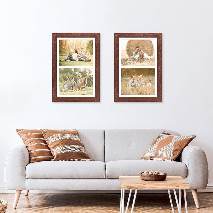 11x17 Picture Frame Display 2 opening 8X10 Double Picture Frame Collage,Multi Photo Frame with Mat,Plexiglass,Wall Mount Decor,Walnut Wood Grain