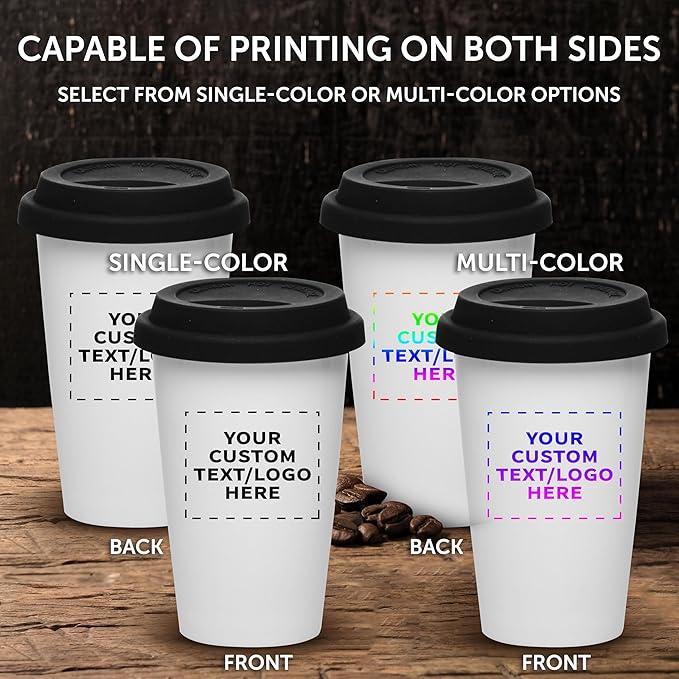 Personalized 11 oz. Double Wall Ceramic Tumblers with Lid - 6 Pack - Custom Text, Logo - Black