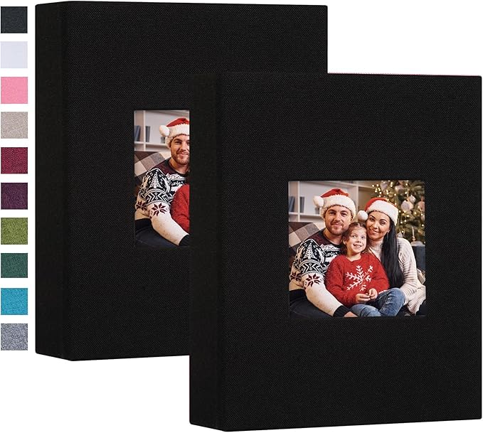 Mublalbum 2 Pack Small 4x6 Photo Album Linen Cover with Display Window Mini Picture Book Each Holds 52 Vertical Pockets for Artwork Postcards or Pictures Storage (Black)