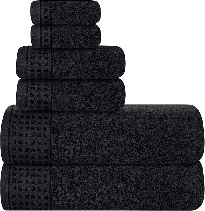 GLAMBURG 100% Cotton Ultra Soft 6 Pack Towel Set, Contains 2 Bath Towels 28x55 Inches, 2 Hand Towels 16x24 Inches & 2 Wash Coths 12x12 Inches, Compact Absorbent Lightweight & Quickdry - Black