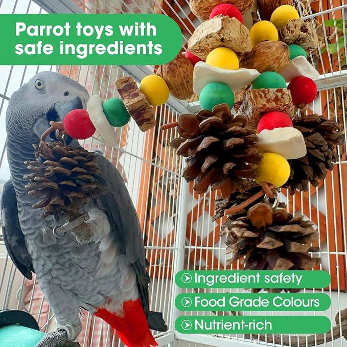 MQUPIN Parrot Toys, Nuts Nutrient-Rich Bird Toys,Natural Wooden Parrot Cage Bite Toy,Chewing Toy Containing Cuttlefish Bones,Pine Cones,Wooden Mangoes and Carambola for African Greys,Cockatoo,Budgie