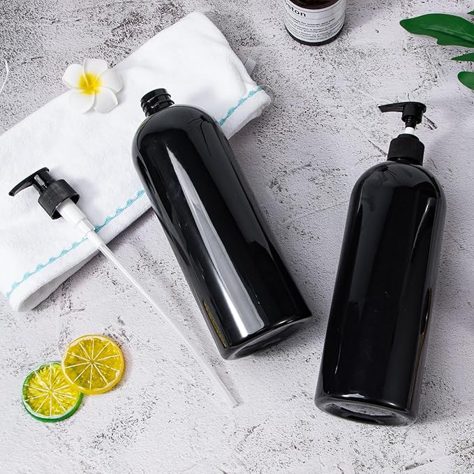 Yebeauty Pump Bottle Dispenser, 33.8oz 1000ml Empty Plastic Shampoo and Conditioner Dispenser, Refillable Shower Soap Dispenser Pump Bottle Containers for Bathroom Kitchen Home, 2 Pack Black