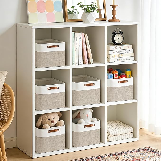 Collapsible Fabric Storage Cubes 11x11 Cube Storage Bins, 4 Pack Closet Baskets Box with Handles for Organizing, Shelf, Toys, Clothes, Home, Office, Nursery (Beige&White)