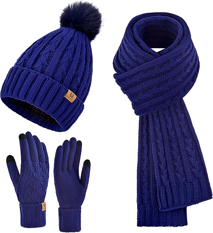 Uerymit Womens Winter Warm Beanie Hat Long Scarf Touchscreen Gloves Set with Fleece Lined Skull Pom Caps 3 in 1 Set for Gift