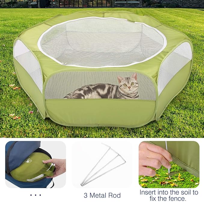 Pawaboo Small Animal Playpen with Zippered Cover,Green | Portable pop-up pet tent for supervised rabbits, guinea pigs, chicks and kittens; water-resistant bottom and 3 metal rods