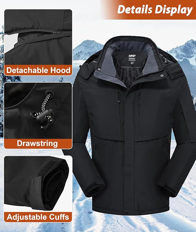 Mens Winter Snow Jacket Waterproof Ski Jackets Snowboard Rain Warm Coat Insulated Hood Fleece Lined