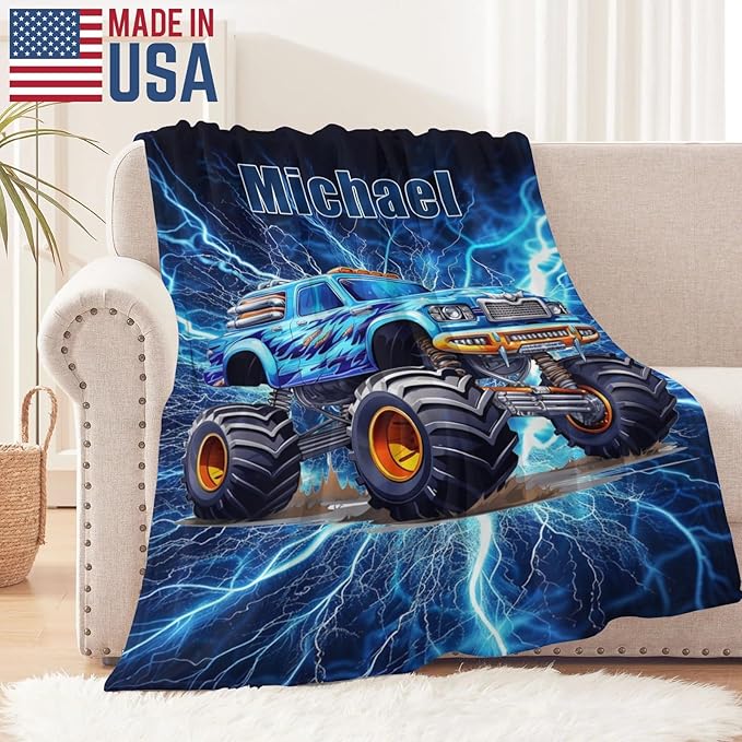Custom Truck Baby Boy Blanket - Personalized Throw Blanket Gift for Boys Kids Teens Adults Birthday Christmas (Truck Design)