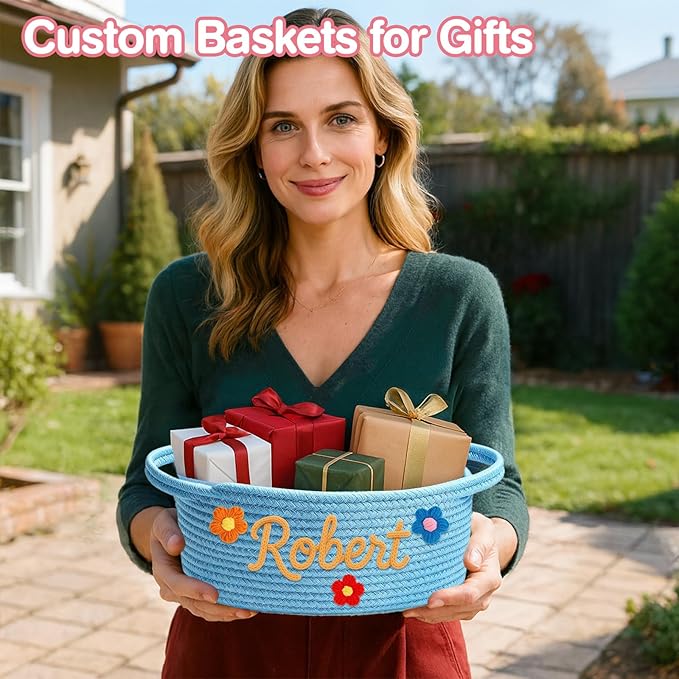 Personalized Baby Gift Baskets Empty with Name, Custom Toddler Woven Storage Baksets with Handle, Baby Shower Basket Gifts for Infant New Parents