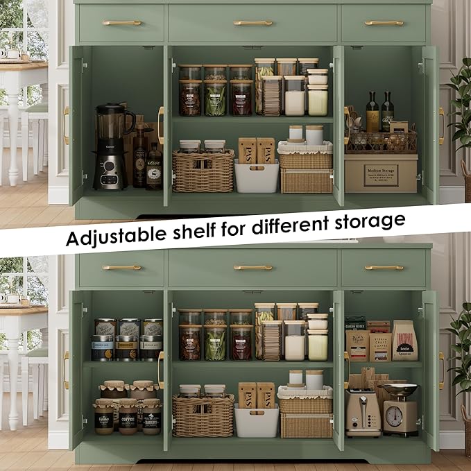 HOSTACK Buffet Sideboard Cabinet with Drawers, 55" Large Buffet Storage Cabinet with Shelves and Doors, Modern Farmhouse Coffee Bar Station for Kitchen, Dining Room, Green