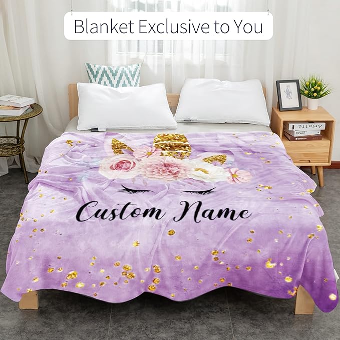 Personalized Horse Blanket with Name for Girl, Custom Name Blanket for Teen, Soft Flannel Purple Toddler Blanket Customized Gift for Birthday New Year Gift 50"x60"