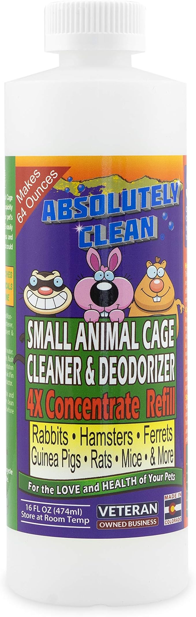 Absolutely Clean Amazing Small Animal Cage Cleaner - Just Spray/Wipe - Easily Removes Messes & Odors - Hamsters, Mice, Rats, Guinea Pigs, Ferrets - USA Made (16 oz Concentrate)