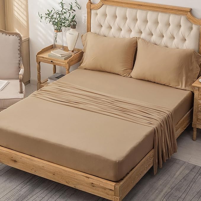 PURE ERA Jersey Knit 4pc Bed Sheet Set 100% T-Shirt Cotton Super Soft Comfy Breathable Fits Mattress Up to 20" Extra Deep Pocket (Solid Toffee Brown, King)