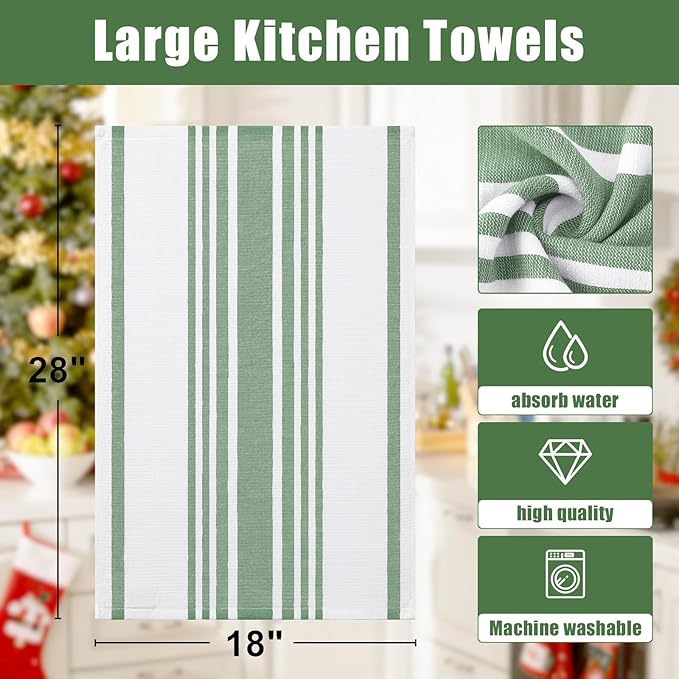 Homaxy Premium Kitchen Towels 18”x 28”, Large Cotton 380 GSM Kitchen Hand Towels, Stripe and Terry Dish Towel, Highly Absorbent Tea Towel Set with Hanging Loop, 6 Pack, Grass Green