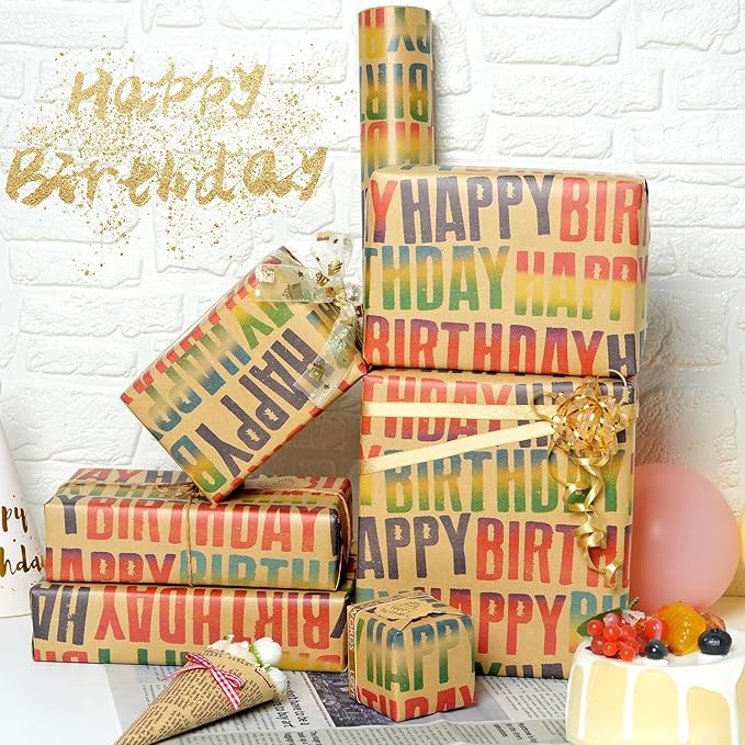MAMUNU Birthday Wrapping Paper Roll, Colorful Happy Birthday Kraft Gift Wrapping Paper Jumbo Roll, Gift Wrap Paper Set for Boys Girls Men Women, 17 x 590 Inch